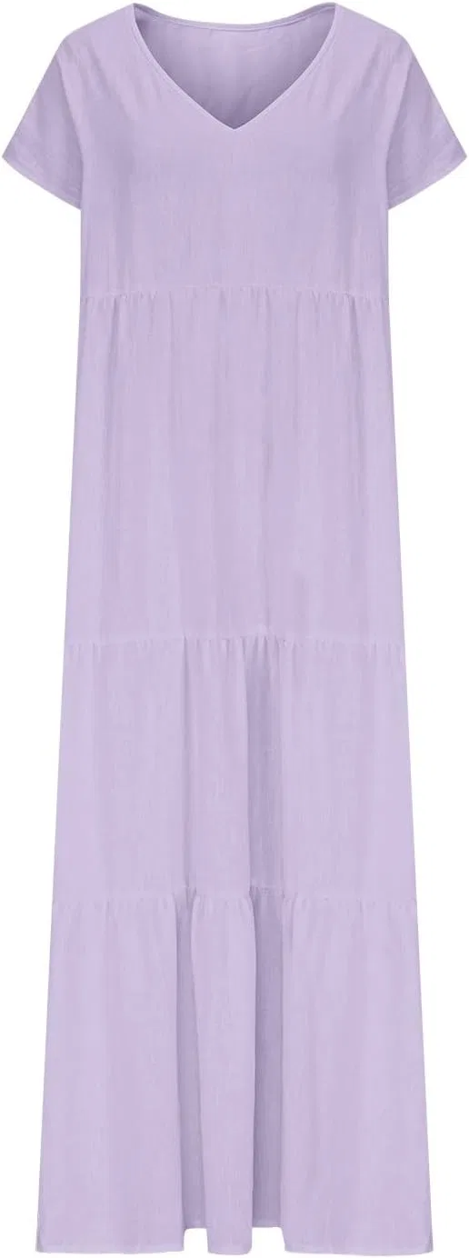 Летнее платье для женщин 2025 Cotton Linen Casual с коротким рукавом макси Women Boho Beach с V-образным вырезом длинное струящееся сарафан generic, фиолетовый — фото 4