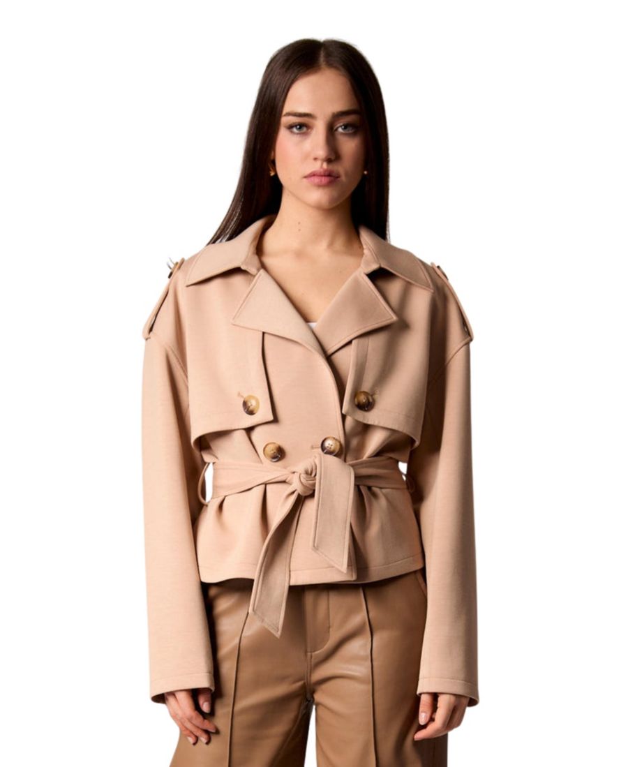 

Женский укороченный тренч из ткани дайвинг с поясом Blue Revival, Camel