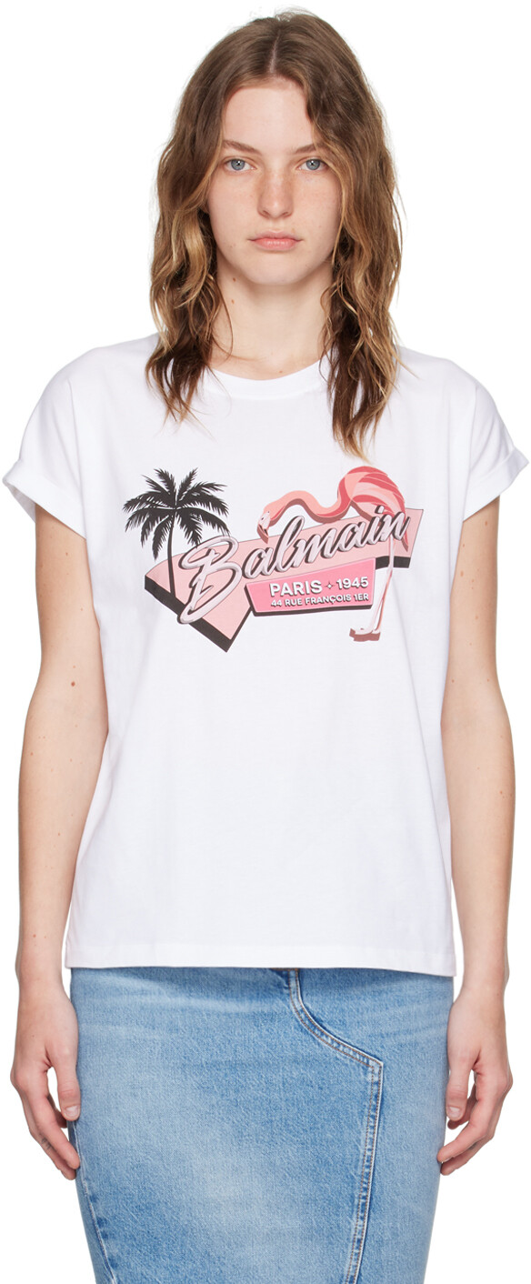 

Белая футболка с фламинго Balmain