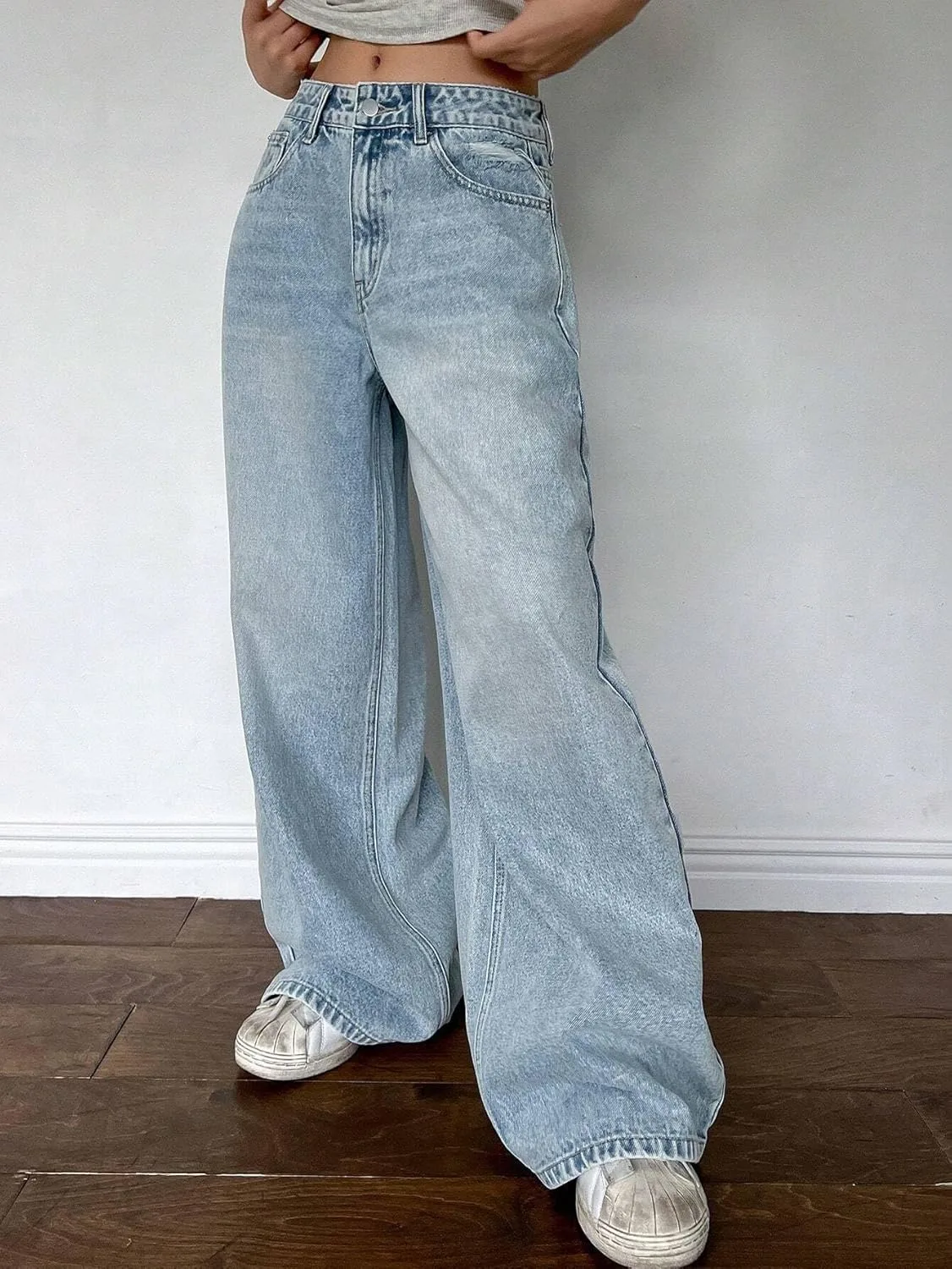 Женские классические джинсы Wide Leg Casual с карманами Generic, Light Wash — фото 3