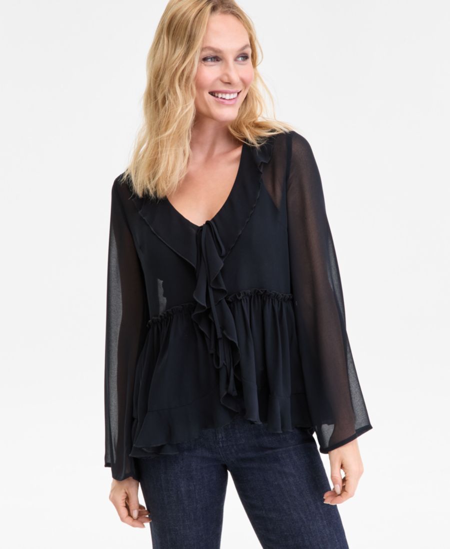 

Женская блузка с принтом и воротником-рюшами INC International Concepts, Deep Black