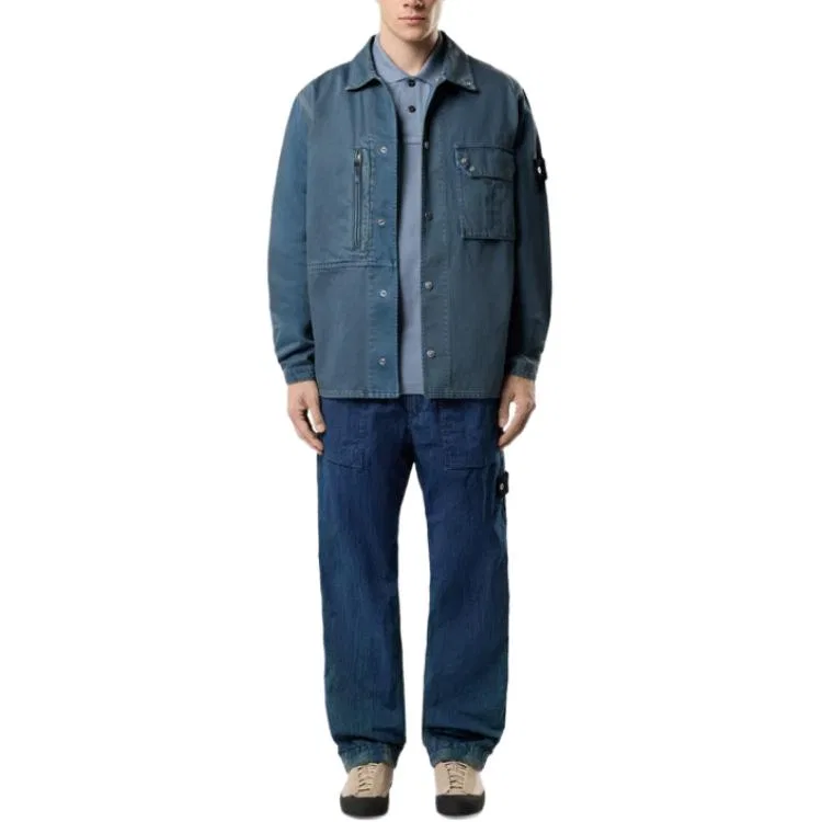 Хлопковая рубашка с карманом на молнии STONE ISLAND, Indigo — фото 4