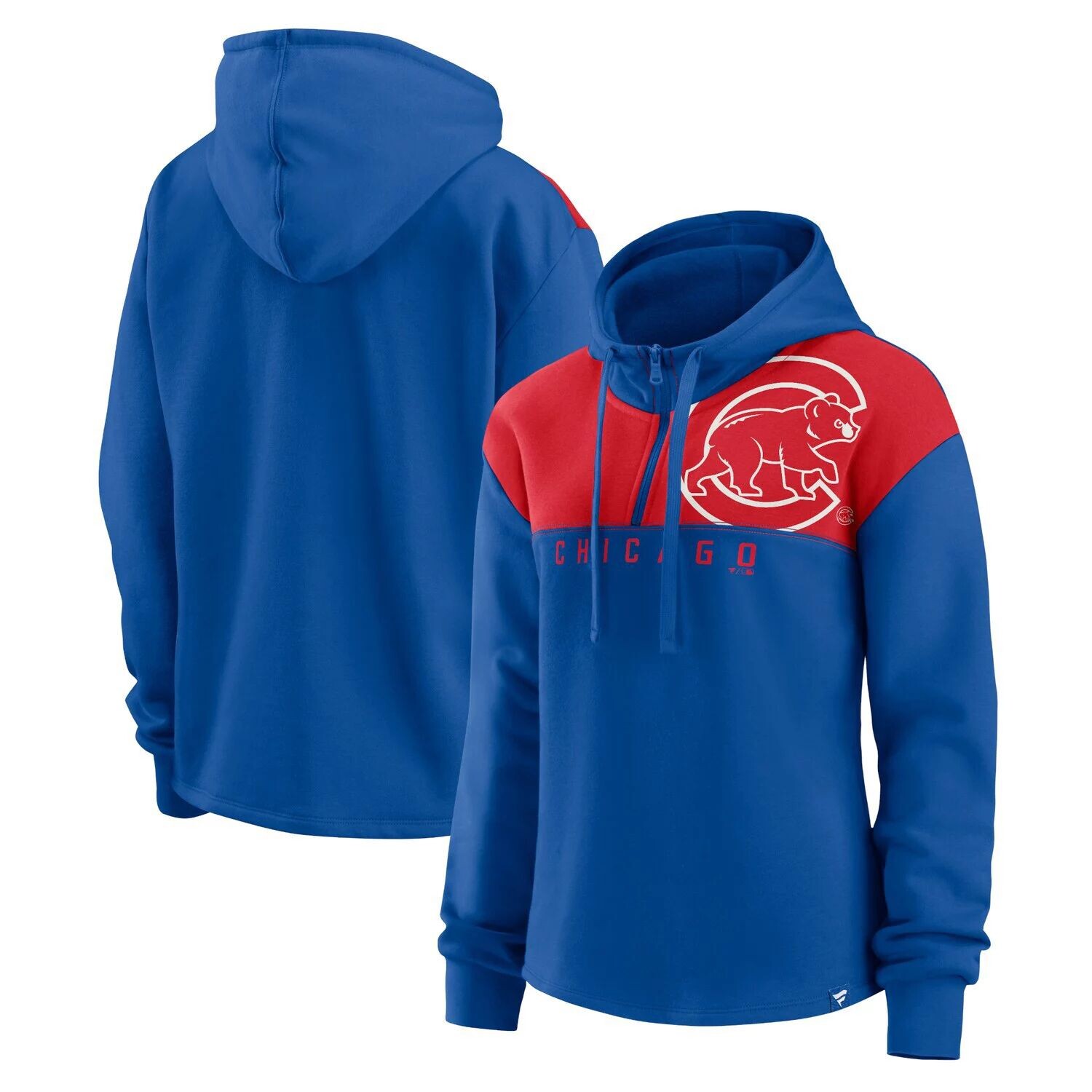 

Женская толстовка Fanatics с фирменным логотипом Royal Chicago Cubs Iconic Overslide в стиле колор-блок с молнией четверть четверти Fanatics
