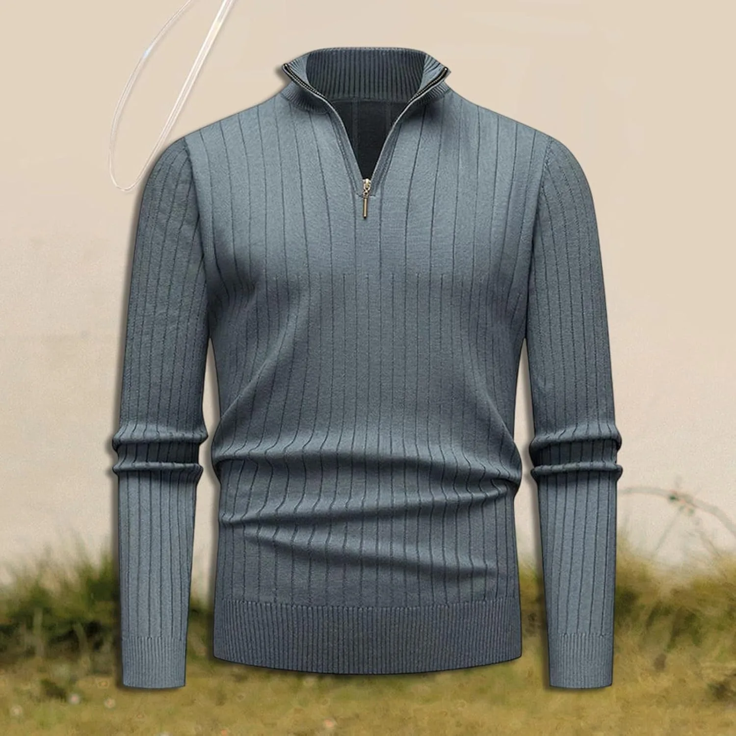 Мужской свитер с четвертью молнии | Mock Neck, Ribbed, Fashion Slim Fit — фото 3