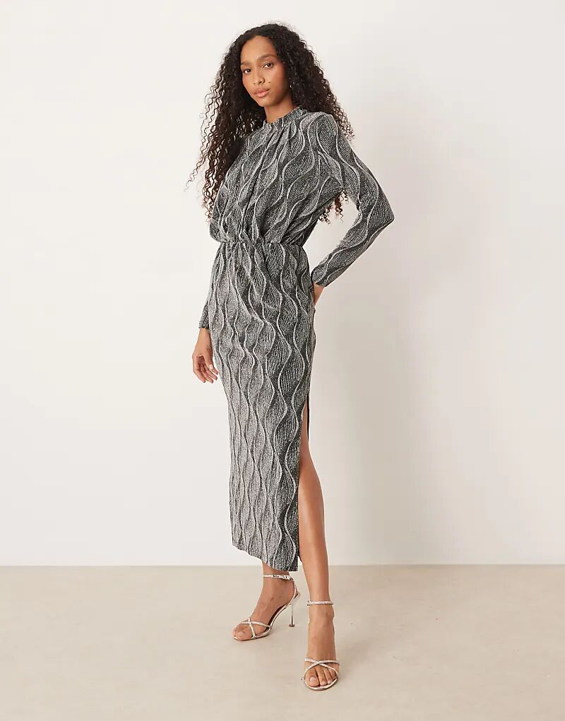 

Платье макси YAS с высоким воротом и длинными рукавами, блестящее, серебристого цвета