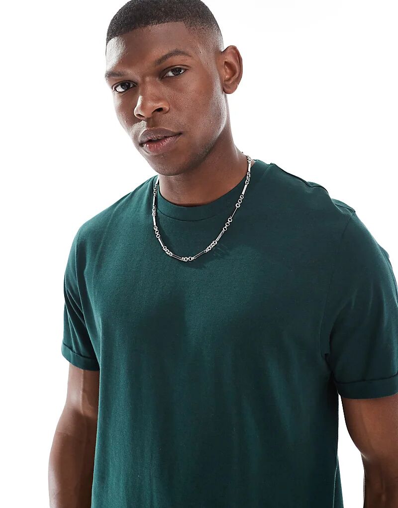 

Футболка ASOS DESIGN Essentials с круглым вырезом и закатанными рукавами темно-зеленого цвета