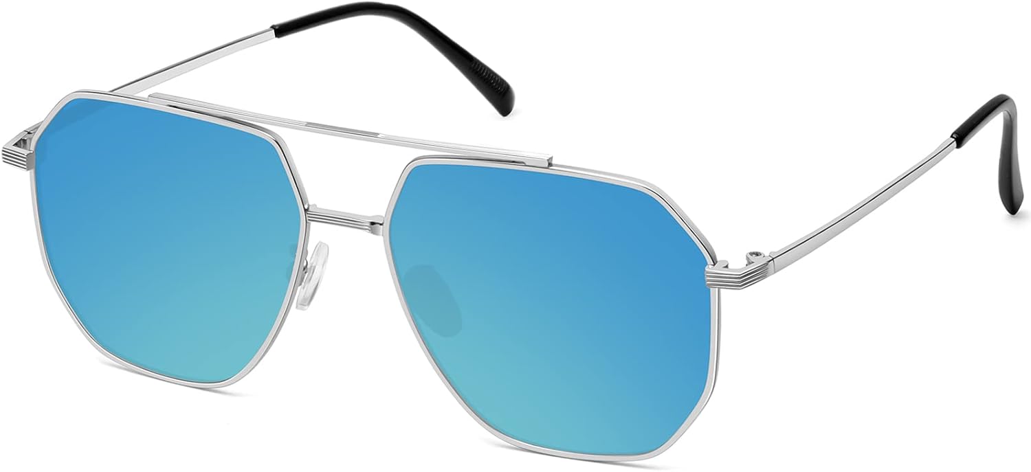 

Классические солнцезащитные очки-авиаторы для женщин и мужчин. Модные квадратные солнцезащитные очки увеличенного размера с поляризационными линзами Fozono, Silver/Blue