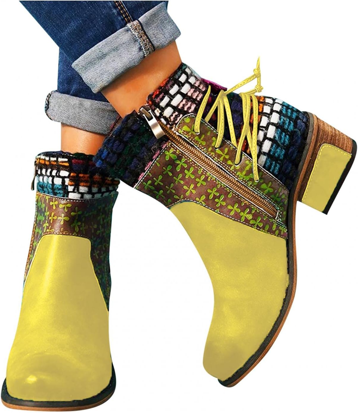 

Женские винтажные ботинки Hbeylia в этническом стиле бохо, из кожи, с круглым носком, шнуровкой, массивным блочным каблуком средней высоты, короткие ботильоны до щиколотки, бохо-ретро с металлическим носком, с боковой молнией, для женщин, желтый