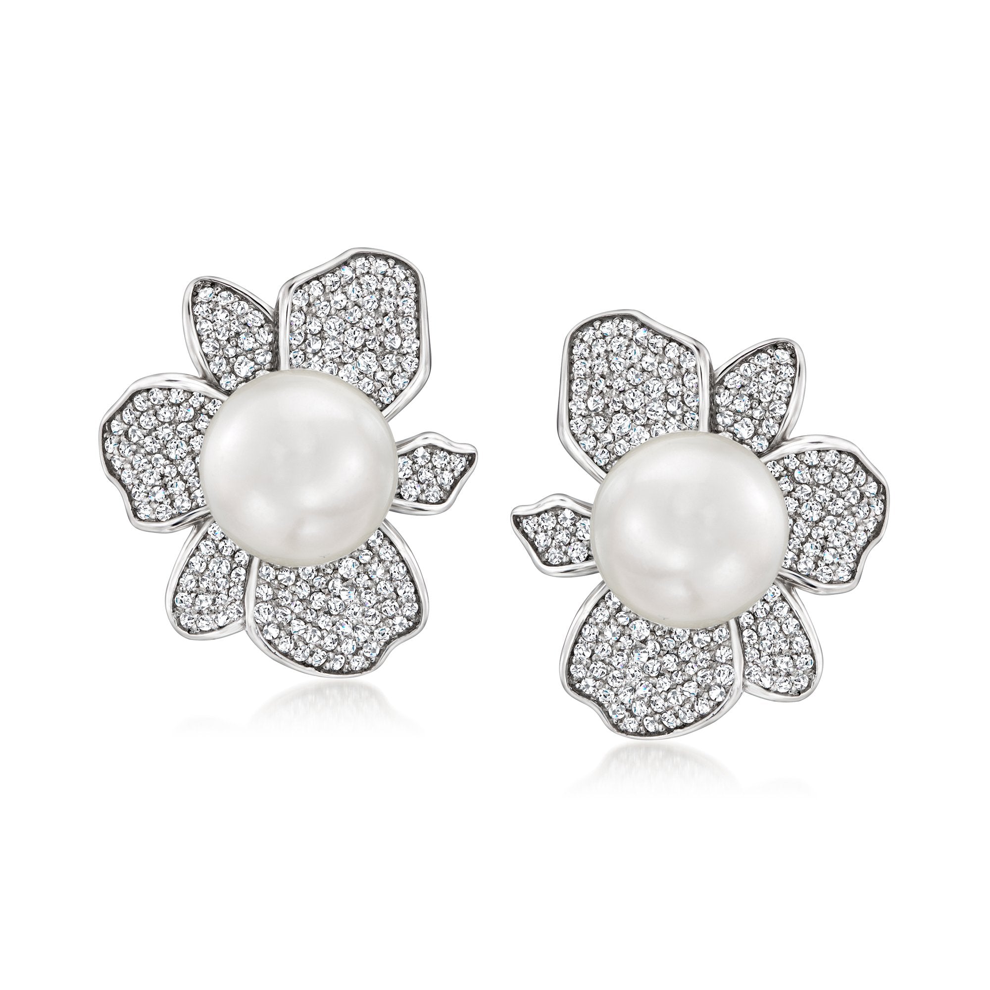 

Серьги Ross-Simons с ракушечным жемчугом и фианитами в форме цветка, 11 мм, из стерлингового серебра Ross-Simons, белый