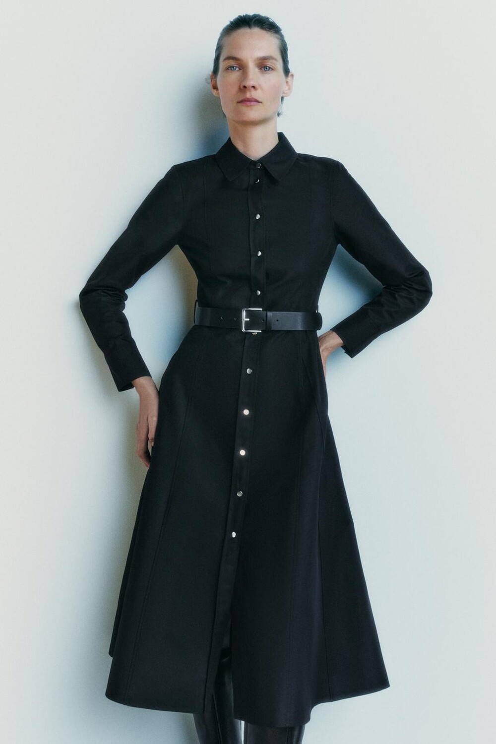 

Платье-рубашка с поясом ZARA, черный