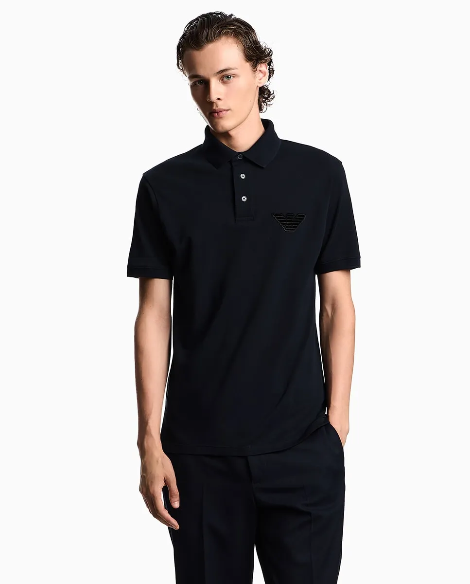 

Мужская футболка-поло с коротким рукавом и логотипом из бархата Emporio Armani, темно-синий