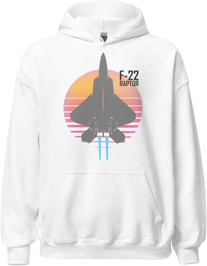 Типичная толстовка унисекс с изображением истребителя F-22 Raptor в стиле Synthwave Sun Aesthetic
