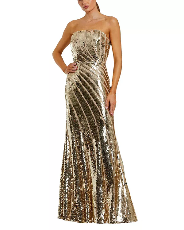 

Платье-Труба без бретелей, расшитое пайетками и сеткой Mac Duggal, золотой