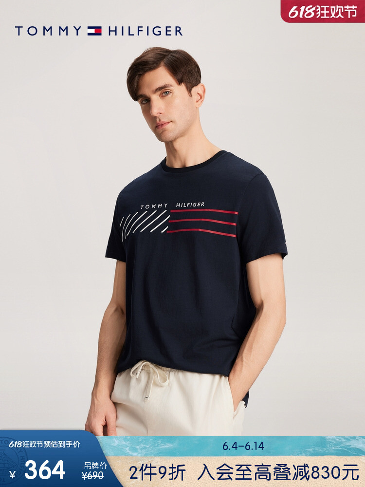 

Футболка мужская Tommy Hilfiger с линейным принтом и вышивкой, темно-синий