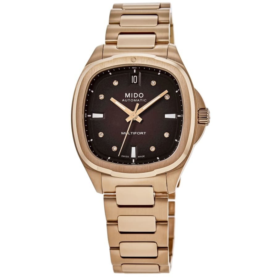 

Женские автоматические часы Mido Multifort с коричневым бриллиантовым циферблатом и корпусом из стали с покрытием под розовое золото, модель M0493073329600
