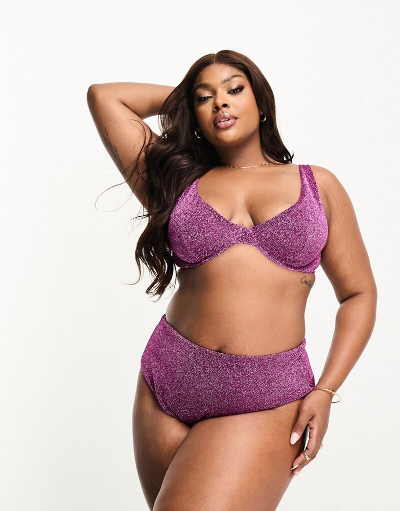 

Розовые блестящие плавки бикини с завышенной талией ASOS DESIGN Curve