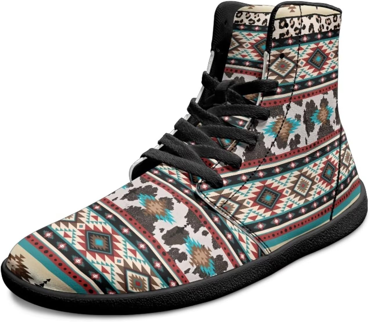 

Мужские туфли с высоким верхом, широким носком, шнуровкой, противоскользящие кроссовки с нулевым уклоном для ходьбы и бега Xixirimido, Cow Print Aztec