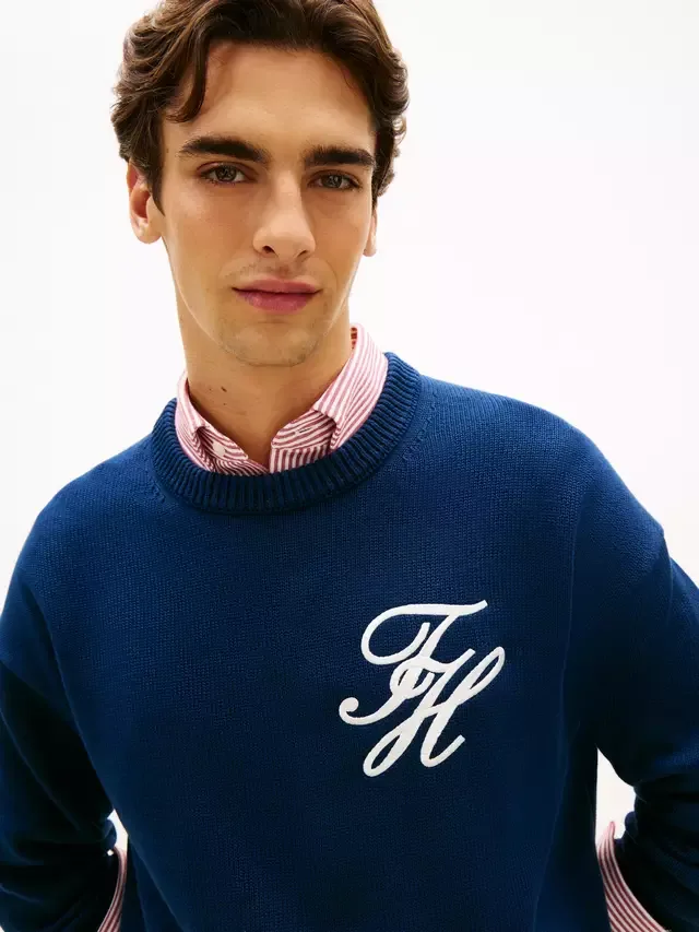 Твердый хлопковый джемпер с круглым вырезом, темно-синий Tommy Hilfiger — фото 4