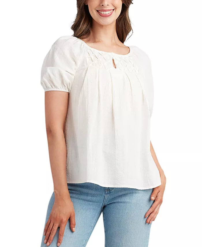 

Женская блузка с присборенной кокеткой и рукавами-фонариками Juniors' Puckered-Yoke Puff-Sleeve Top BCX, белый
