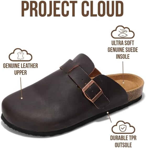 Мужские сабо Project Cloud - 100 натуральная кожа полного слоя, сабо с мемори-пеной для мужчин, поддержка свода стопы, пробковая стелька, противоскользящая подошва (Brooklyn), коричневый — фото 2