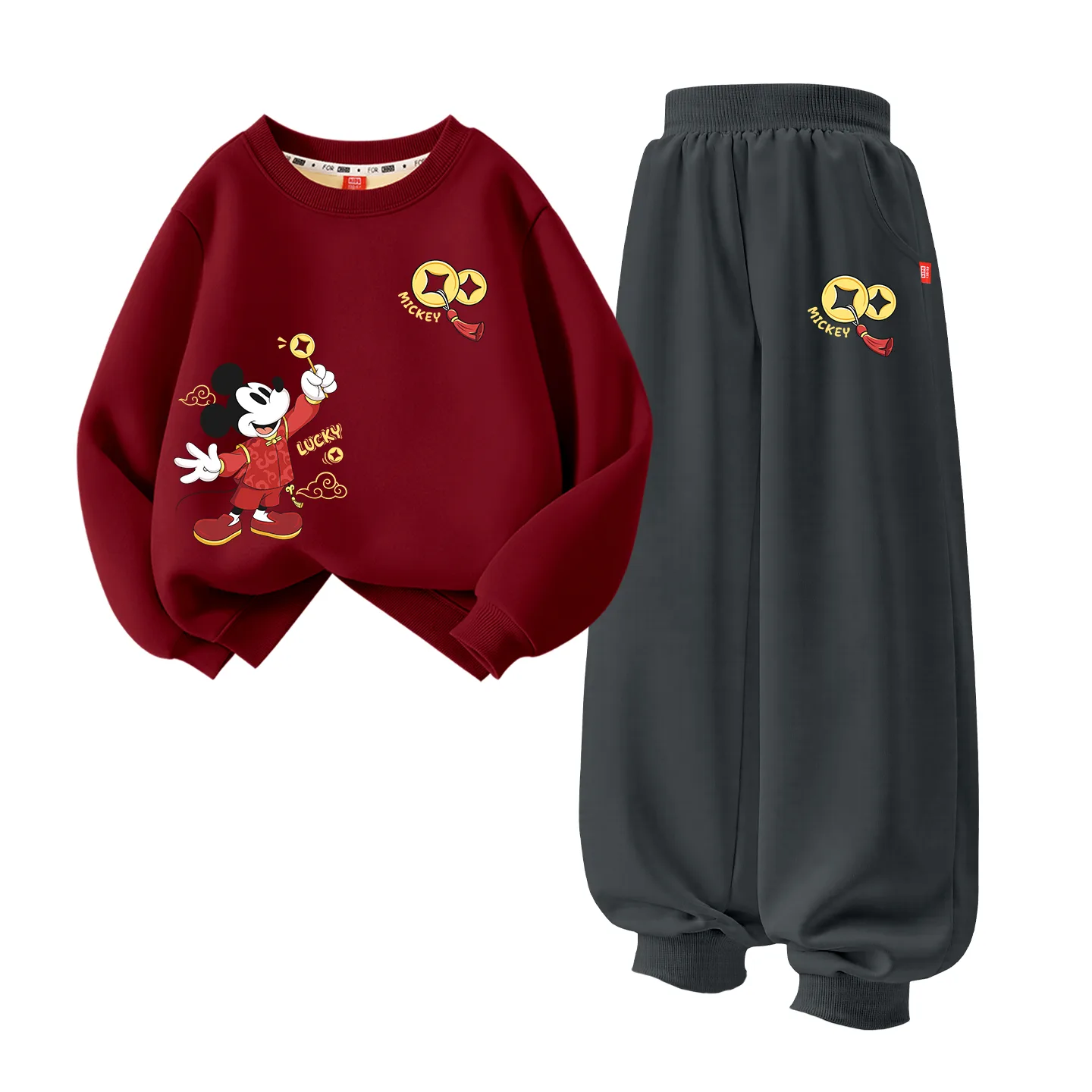 Детский спортивный костюм с круглым вырезом Disney, [Thickened and Fleece-Lined]Wealthy Wonder K Burgundy+Wealthy Fortune K Graphite Gray