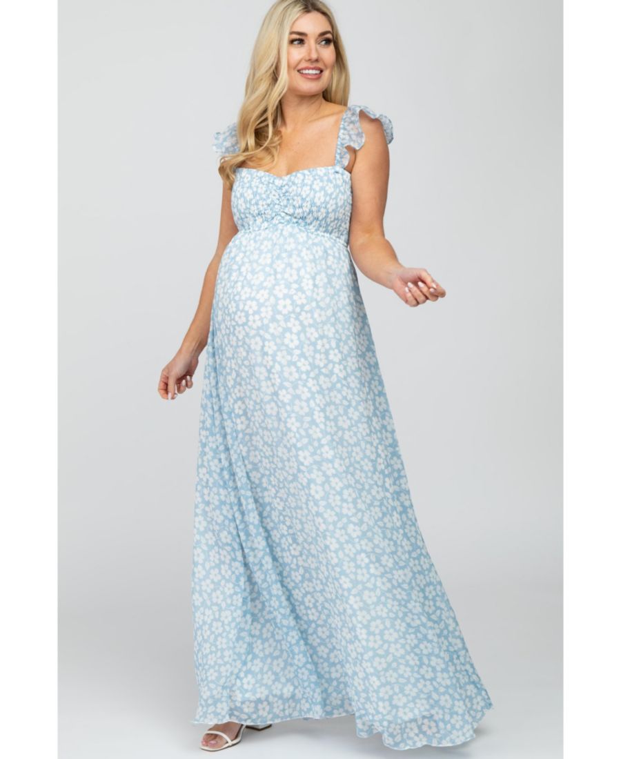 

Платье-макси для беременных, светло-голубое, из шифона с цветочным принтом, вырезом сердечко, открытыми плечами Pinkblush, Light blue