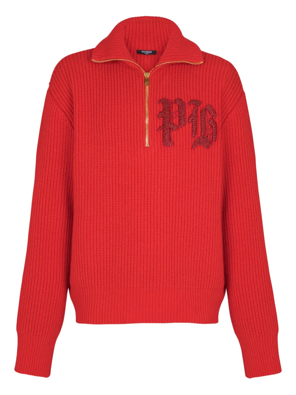 

Свитер в рубчик с высоким воротником на молнии BALMAIN, красный