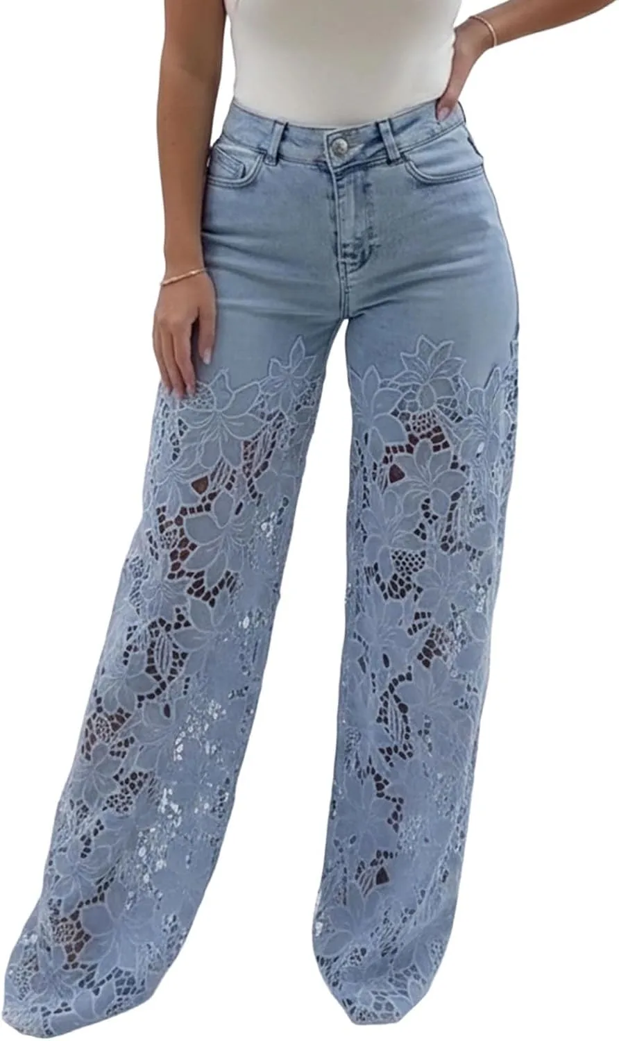 

Женские джинсы с кружевной вставкой | высокие, свободного кроя