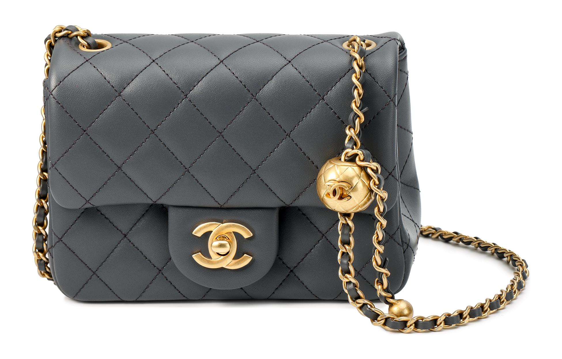 

CHANEL Сумка-шар из овчины золотая, сумка-цепочка, сумка через плечо, женская, мини, темно-серая, с золотыми бусинами