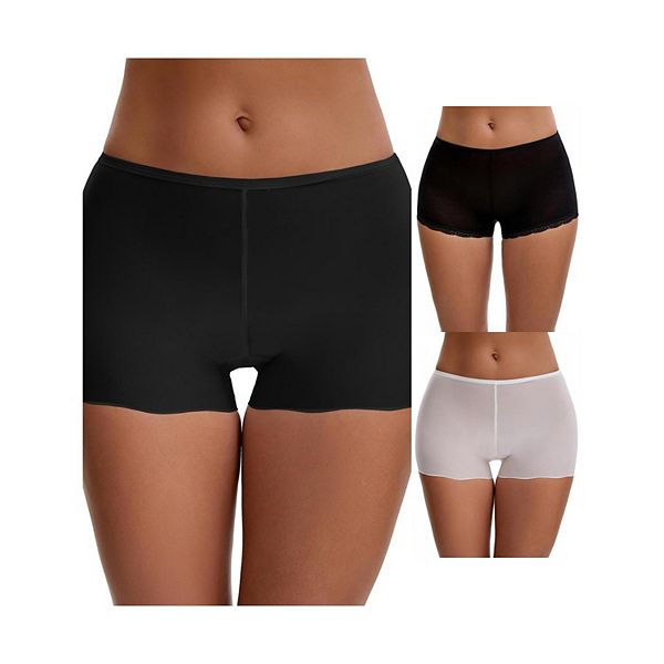 

3 пары женских бесшовных слип-шорт из ледяного шелка с кружевной отделкой под платья Inspire Chic, White Black Black Lace