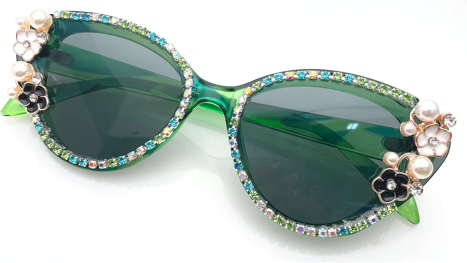 

Модные солнцезащитные очки «кошачий глаз» со стразами, женские, увеличенного размера, с бриллиантами, кристальной отделкой и жемчужной оправой, очки для костюмированных вечеринок mincl, Green