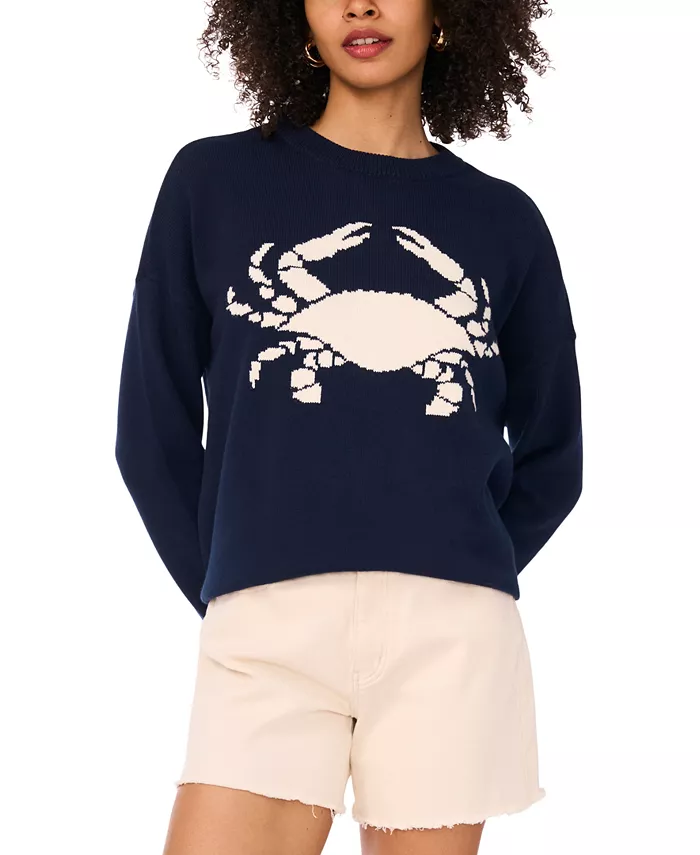 

Женский расслабленный свитер из хлопка с круглым вырезом Crab Vince Camuto, синий