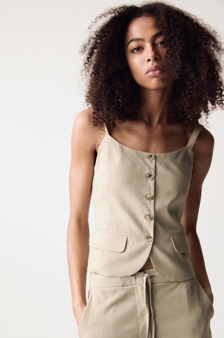 

Полосатый жилет с лямками Pull And Bear, бежевый