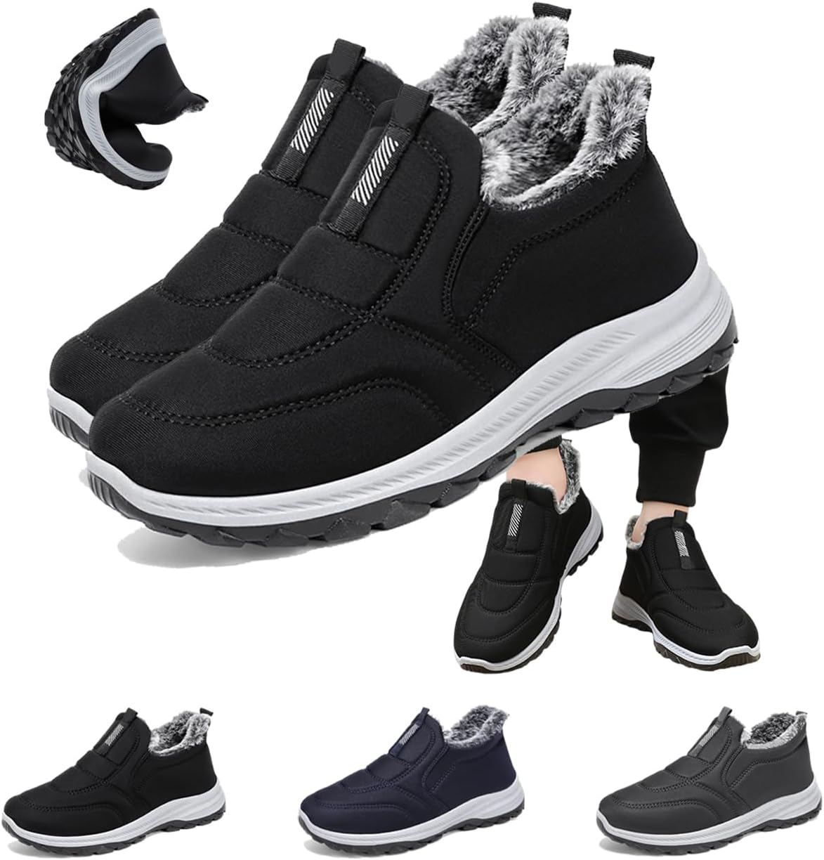 

Мужские зимние снежные ботинки водонепроницаемые с теплой меховой подкладкой, ботильоны до щиколотки, на скользкой подошве, походная обувь с широкой носочной частью, удобные кроссовки для прогулок Generic, черный