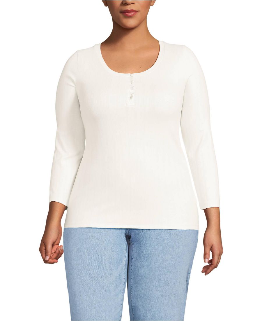 

Женская футболка-поло большого размера с рукавом 3/4, меланжевой резинкой Lands' End, Ivory