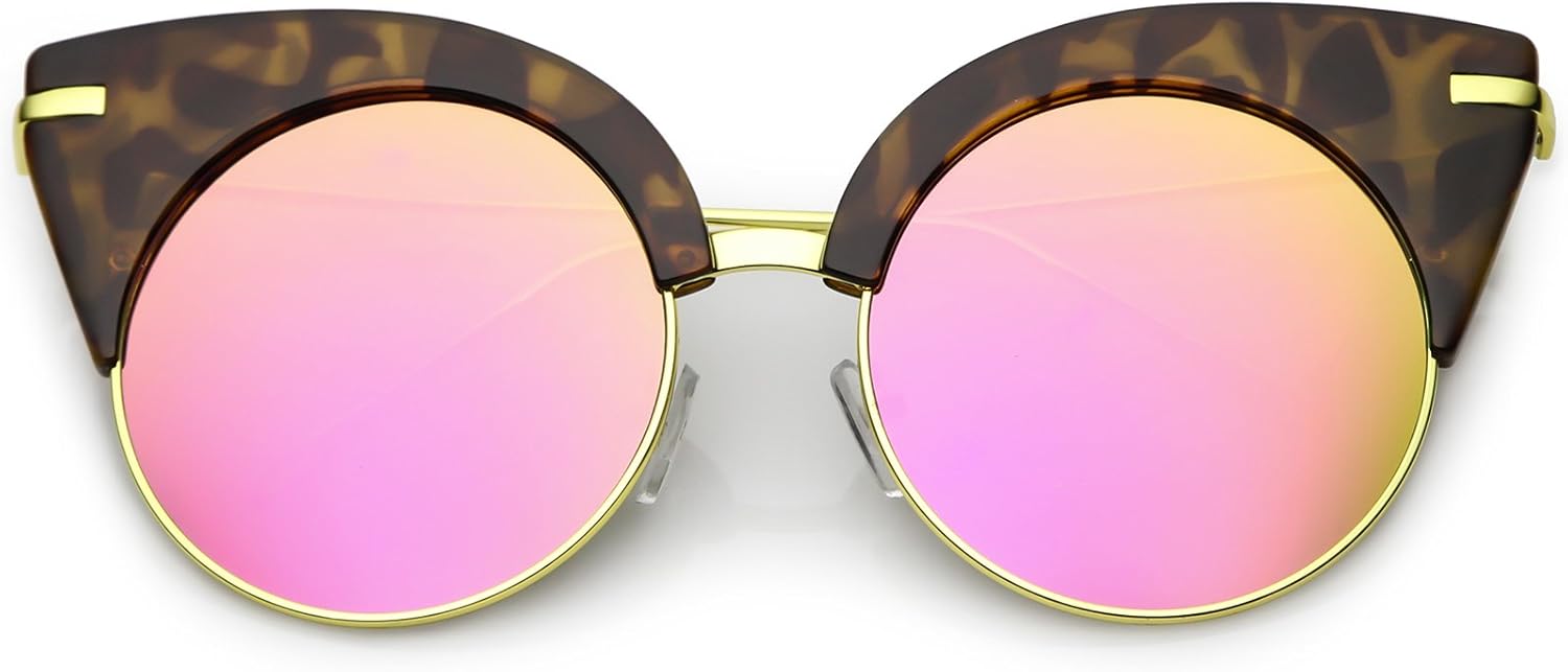 

zeroUV - Солнцезащитные очки в форме «кошачий глаз» с полуободковой оправой, ультратонкими дужками, круглыми зеркальными плоскими линзами, шириной линз 54 мм, Tortoise Gold / Magenta Mirror