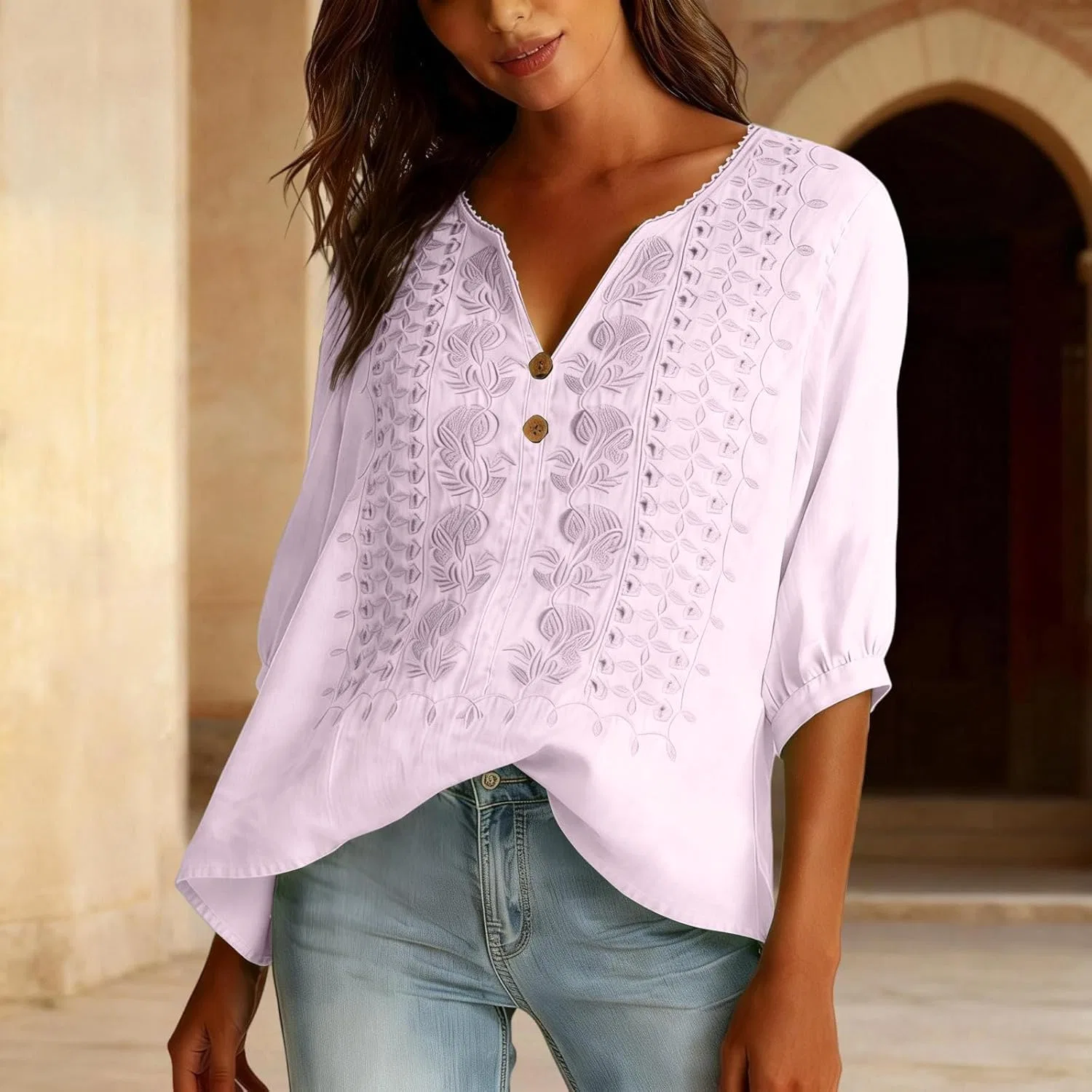Блуза с V-образным вырезом, рукав 3/4, Cotton Linen, розовый — фото 3