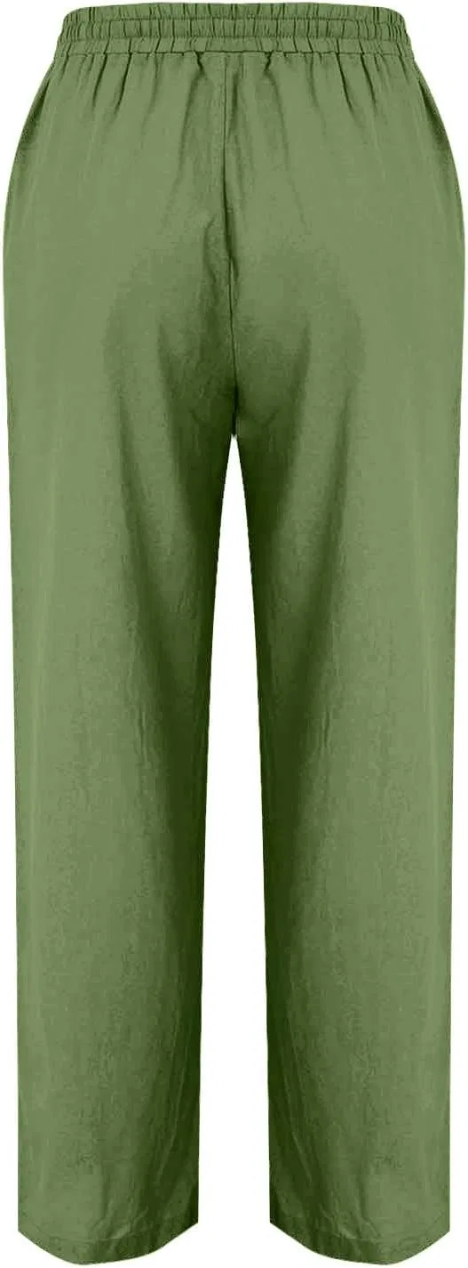 Женские брюки Cotton Linen, на завязках, с эластичным поясом, прямые, с карманами, Green — фото 4