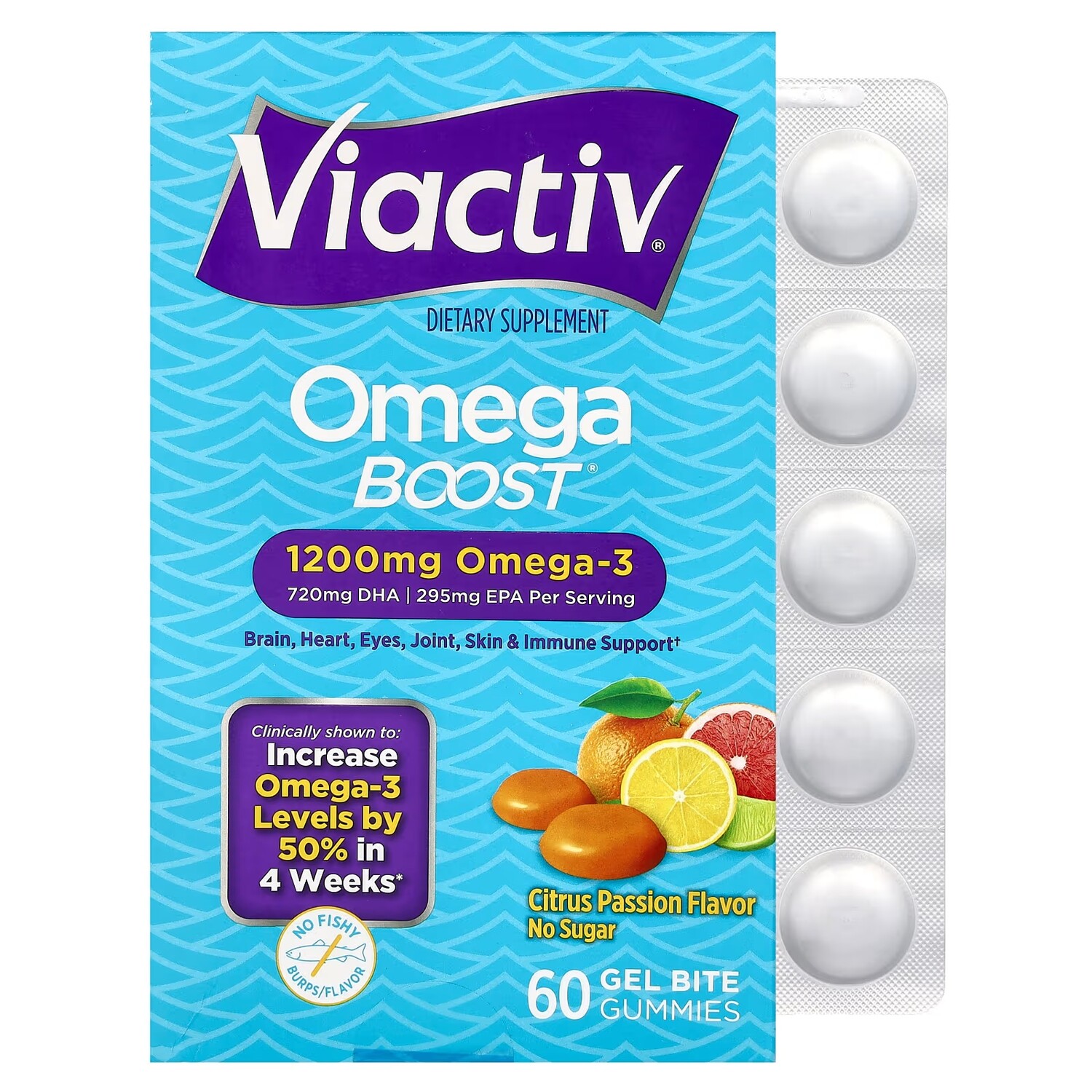 

Viactiv Omega Boost Gummies Citrus Passion 1200 мг, 60 гелевых жевательных конфет (600 мг на жевательную конфету)