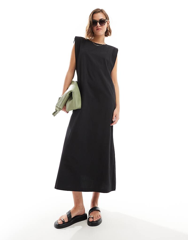 

ASOS DESIGN – Черное хлопковое платье миди с широким вырезом и подплечниками
