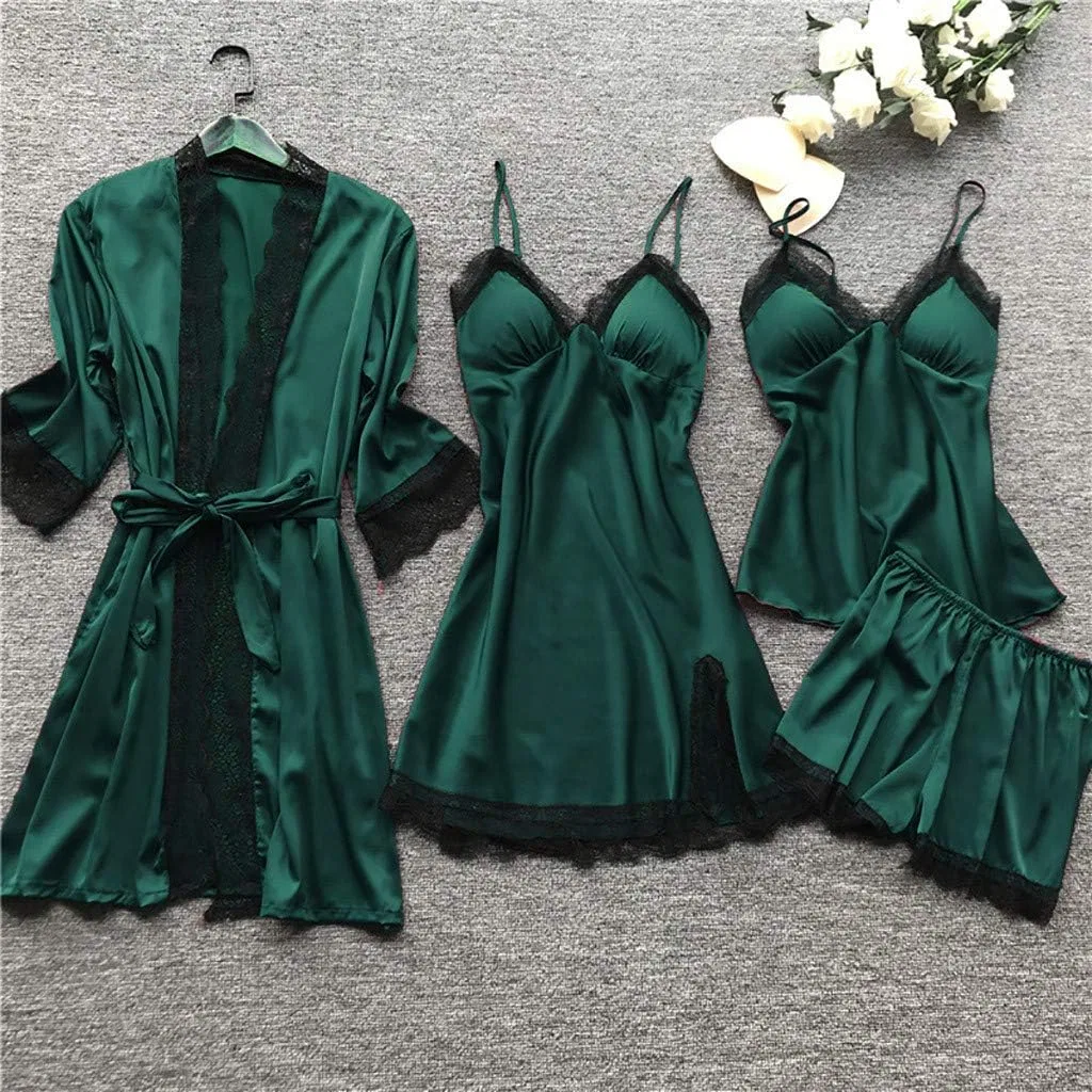 Комплект пижамы из сатина, с кружевом, Army Green — фото 2