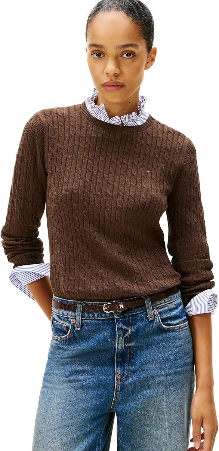 Коллекция женских свитеров Tommy Hilfiger Cable Kint с круглым вырезом и логотипом-флагом 2025 года, Brown Heather. — фото 2