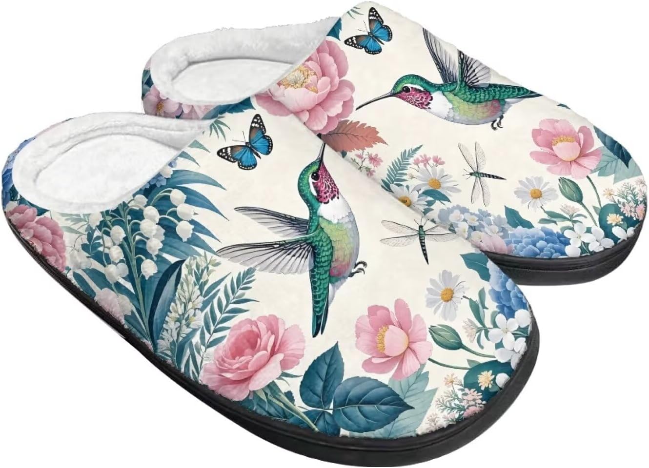 

Женские уютные пушистые тапочки унисекс с легким надеванием, повседневные домашние тапочки для спальни с противоскользящей подошвой для мужчин Tomeusey, Hummingbird Flowers