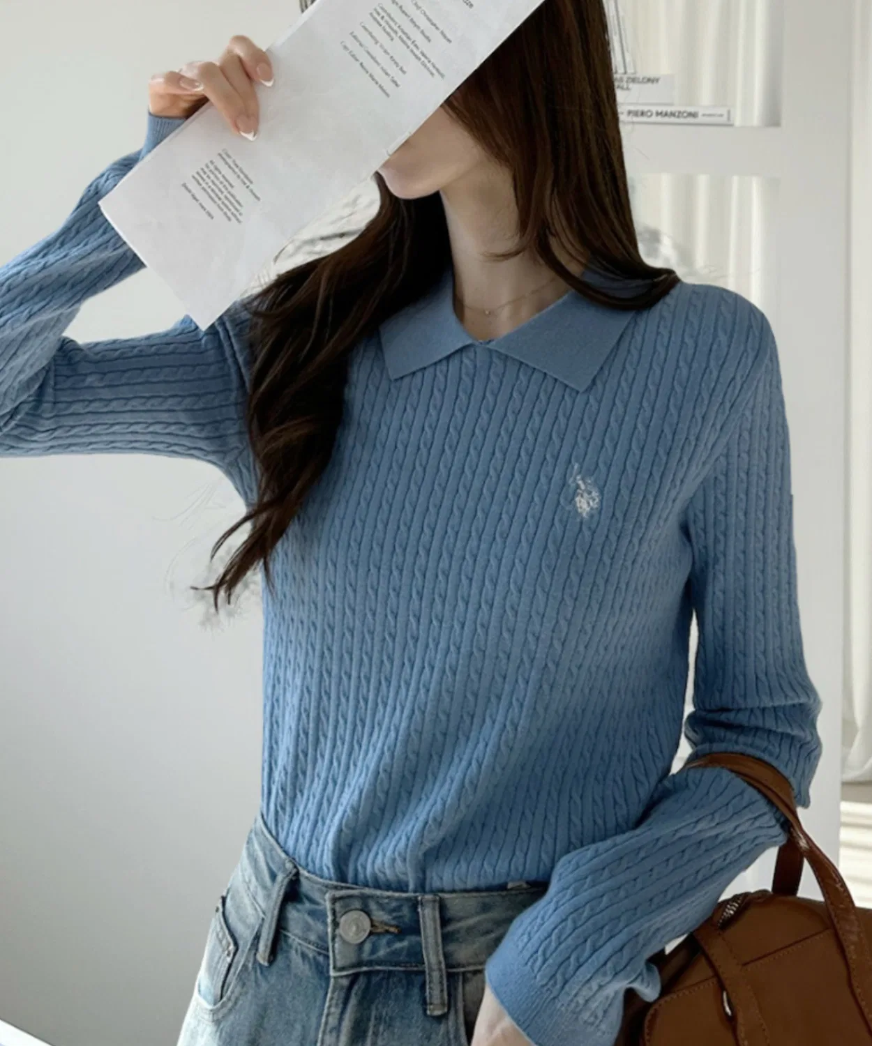 Свитер с воротником-стойкой U.S. POLO ASSN. с кабельным узором, светло-голубой