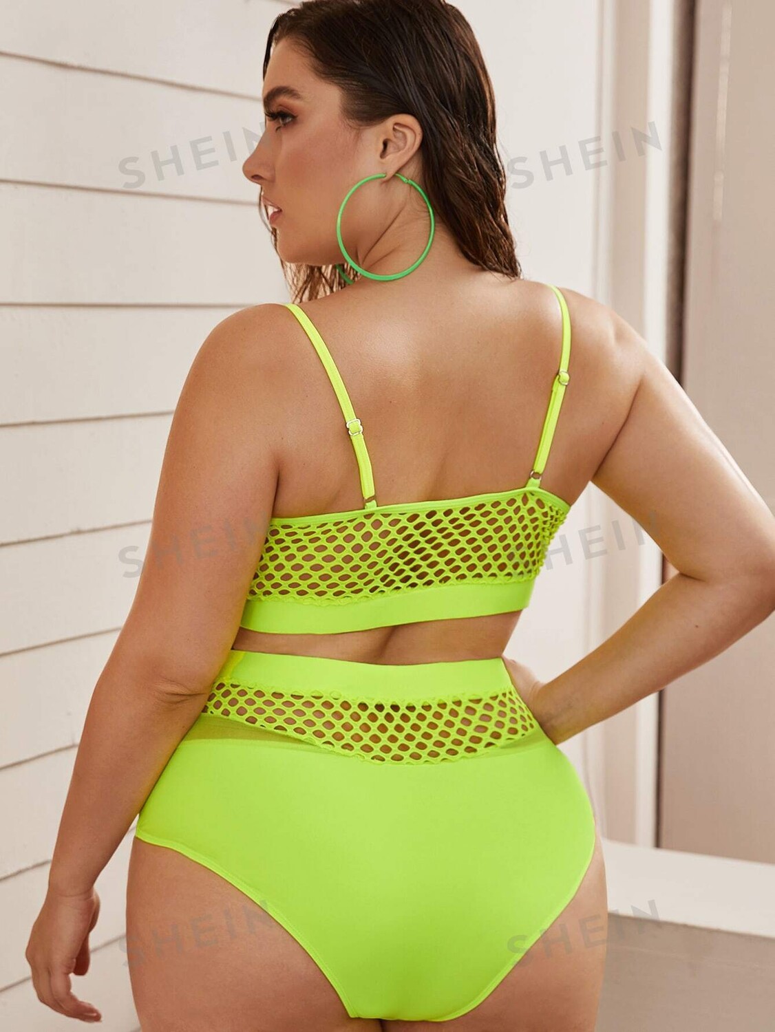 

Купальник Swim Curve, майка больших размеров, неоново-зеленый цвет, сетчатая ткань, верх бикини и брюки с высокой талией Shein, лайм