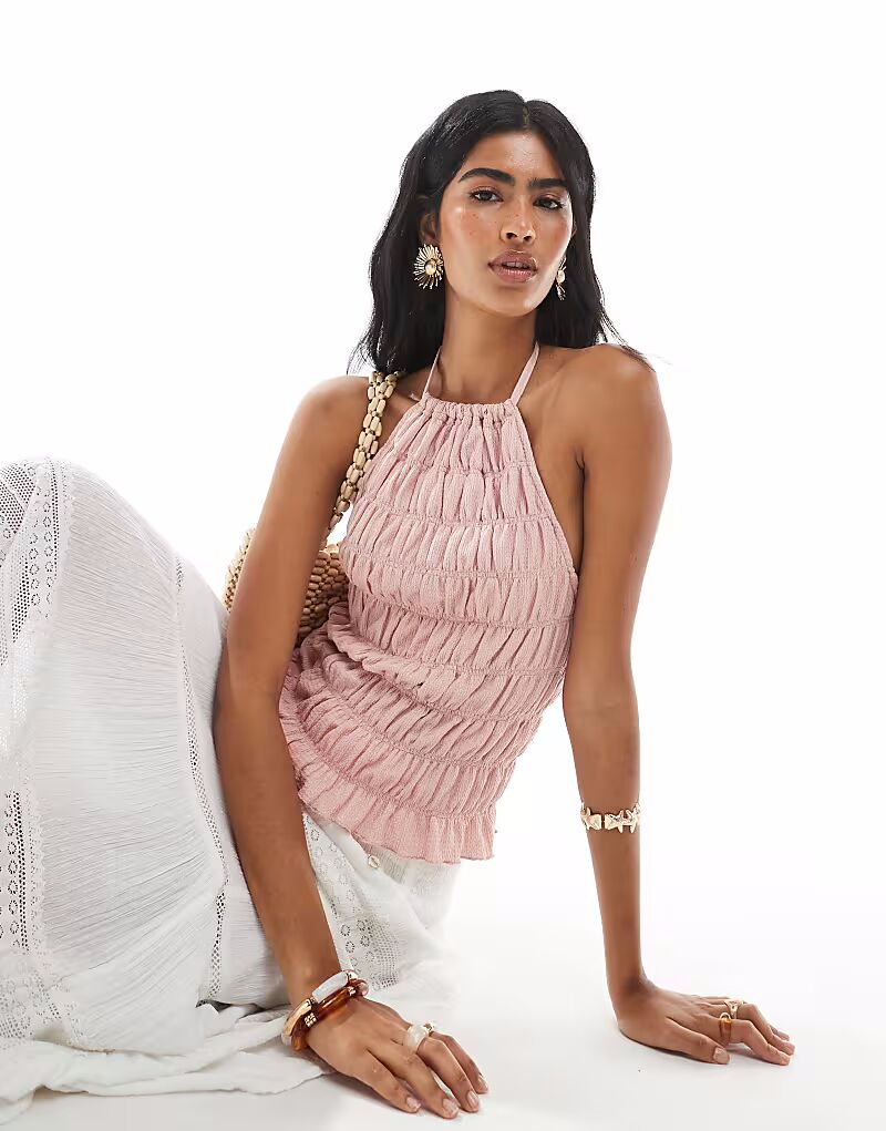 

Фактурный топ-халтер ASOS DESIGN розового цвета со сборками