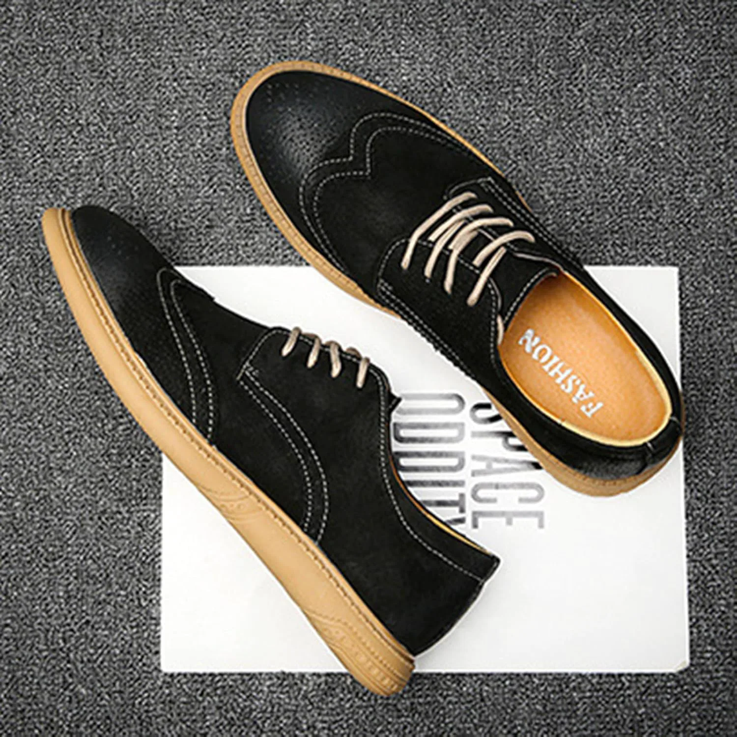 Мужские оксфорды с крыльями Brogue из замшевой кожи, модные туфли с резным рисунком, округлый носок, шнуровка, низкие деловые и повседневные туфли Derby GLBDU, черный — фото 2