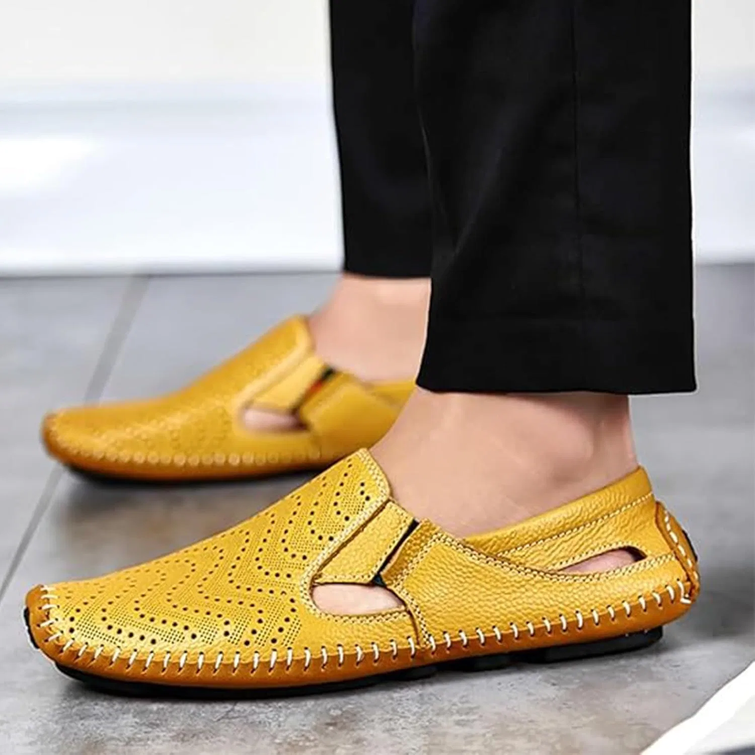 Мокасины кожаные Men's Leather Driving Loafers Breathable Casual Shoes, Желтый a Xinduoyu — фото 2
