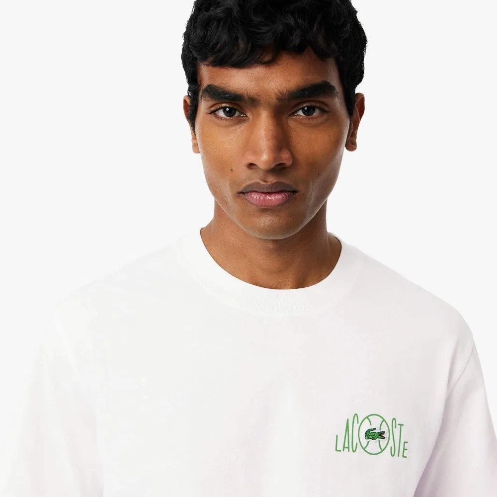 Футболка мужская Lacoste с графическим принтом теннисного корта, цвета слоновой кости — фото 4