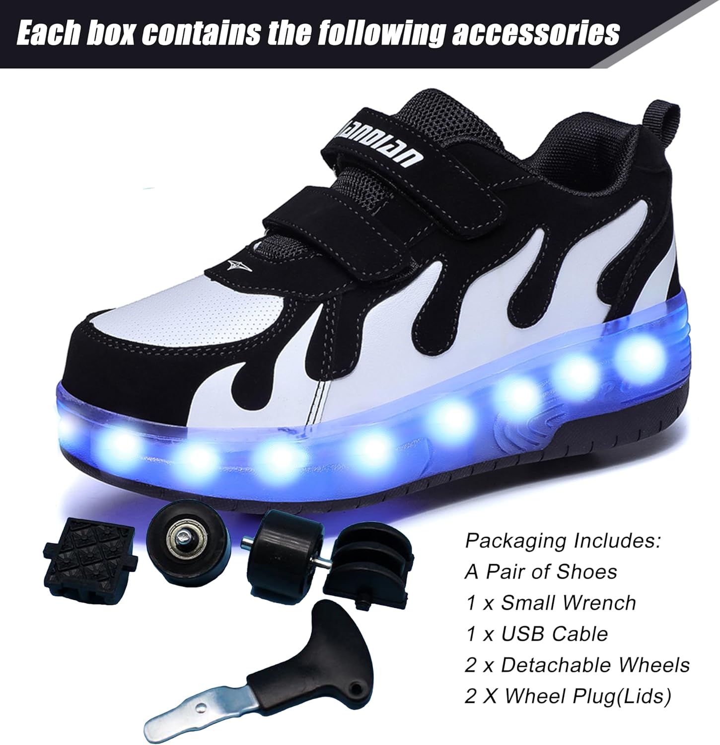 Детские роликовые кроссовки Aikuass с USB-подзарядкой и светящейся LED-подсветкой для мальчиков и девочек, белый/черный — фото 3